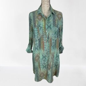 Tianello Byzantine Washable Silk Shirt Dress Coverup Tribal Green Multi Wmn's Sm